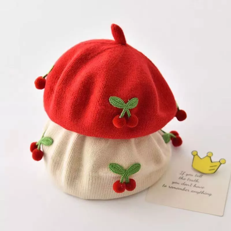 หมวกเบเร่ต์ ผ้าถัก มินิมอล ลายเชอรี่ สีขาว แดง